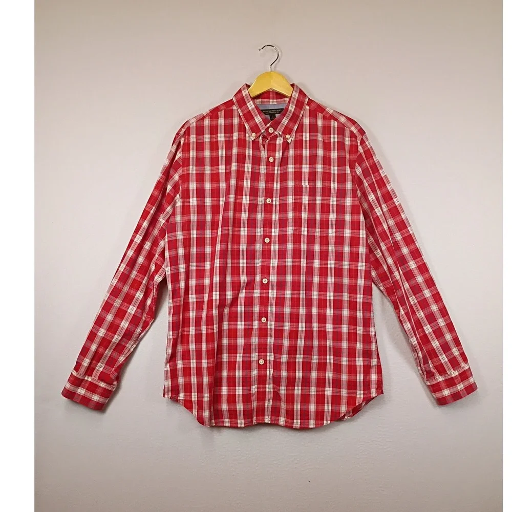 Classic Banana Republic Mens Large Red White Plaid Soft Wash Slim Fit Shirt